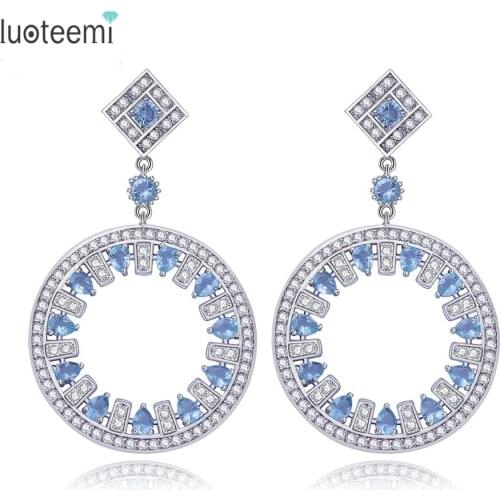 LUOTEEMI Pendientes Vintage Big Round Pendant White Gold-Color Statement Drop Earrings For Women CZ Crystal Wedding Brincos
