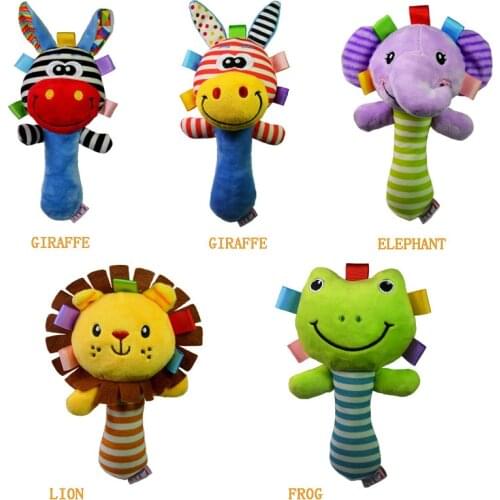 Soft Baby Toy Cartoon Animal Rattle Squeaker BB Sounder Early Educational Doll Elephant Giraffe Lion Frog Plush Hand Rattle Bell