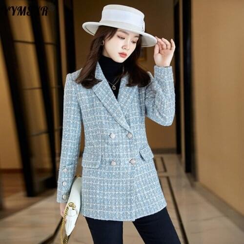 2021 New Autumn and Winter Womens Office Suit Fashion All-match Double-breasted Ladies Jacket Business Wear Plaid Coat Female