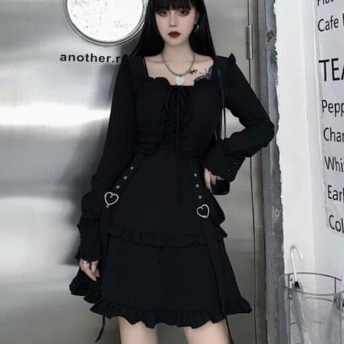 Gothic Women Dress Square Collar Long Sleeve High Waist Lace Up Vintage Strap Dresses Female Fashion Plus Size 4XL Clothing 2020