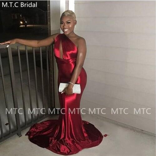 One Shoulder Sexy Burgundy Prom Dresses 2021 Shiny Satin Mermaid Black Women Formal Party Prom Gowns Plus Size