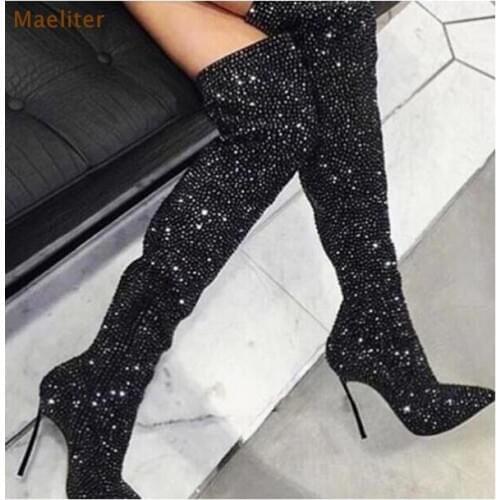 Chic Crystal Women Long Boots Pointed Toe Metal Thin High Heel Shoes Over-the-knee Zipper Sexy Graceful Footwear Black Boots