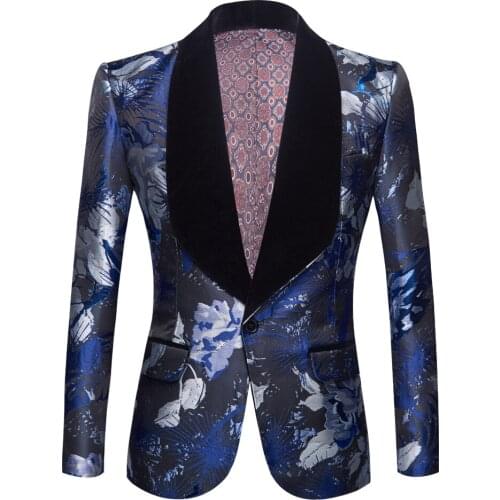 Jacquard suit for men Navy Blue Flower Print Fashion Casual Suits Latest Coat Designs Wedding Groom Stage Costume