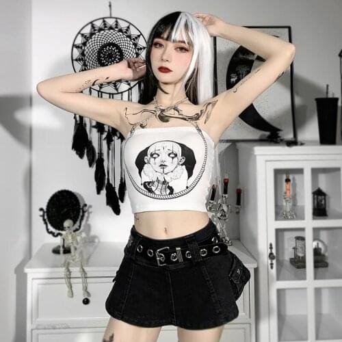Lady Goth Punk Metal Chain Halter Slim Camisole Hipster Outdoor Street Top White Gothic Clown Print Women Camis 2021 Summer Sexy