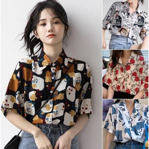 Womens Beach Shirt Chic Casual Short Sleeve T-Shirts For Girls Cute Clothes One Piece Anime Pattern Summer Top Korean Fashion