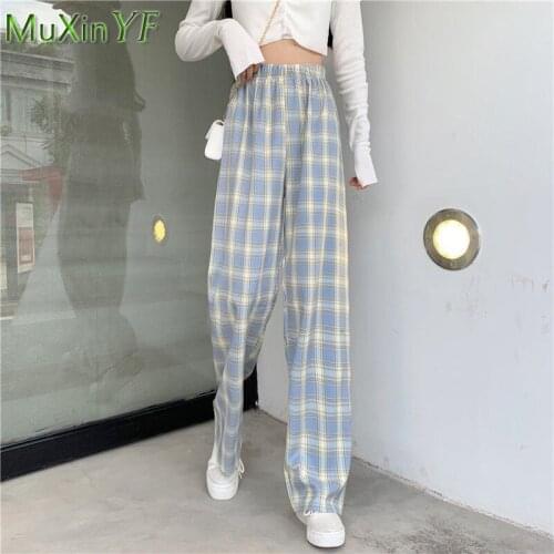 Womens Plaid Wide Leg Pants Summer 2021 Girls Student New Fashion Leisure Loose High Waist Blue Trousers Lady Daily Street Wear