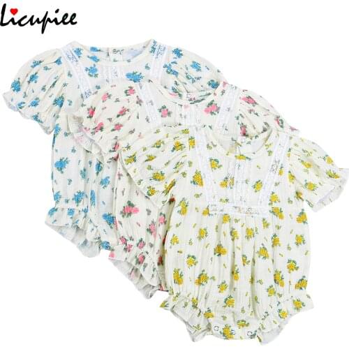 0-18 Months Print Bodysuits Newborn Floral Summer Floral Romper, Baby Girls Lace Trim Round Neck Ruffle Sleeve Playsuit