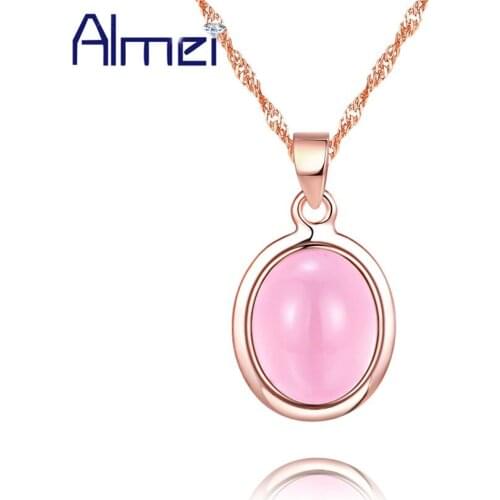 Almei Choker Rose Gold Color Pink Stone Pendant Necklace for Girls Womens Accessories Fashion Crystal Collares Jewelry DN02