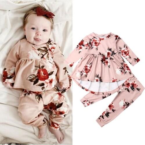 0-3Y 2PCS Toddler Baby Girls Autumn Clothes Sets Floral Tutu Dress Tops+Pants Cotton Outfits