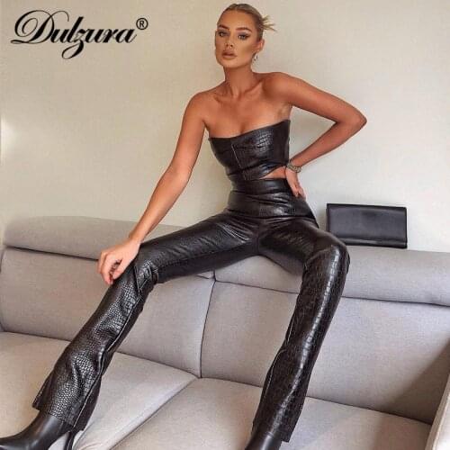 Dulzura Crocodile Pattern Pu Leather Women Two Piece Set Tube Tanks High Waist Slit Pants Bodycon Streetwear Sexy Club Party