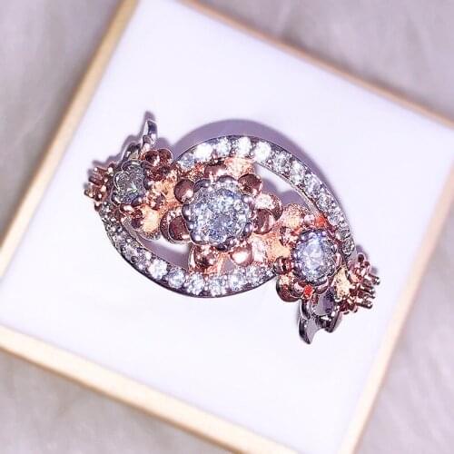 European And American Vintage Rose Gold Flower Diamond Ring Elegant Temperament Jewelry Exquisite Romantic Gift Free Shipping