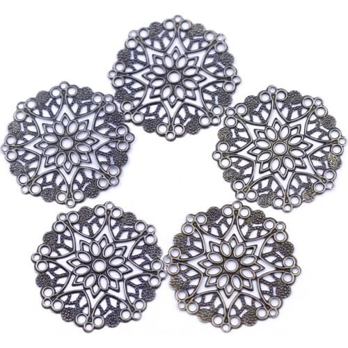 10Pcs Connectors Embellishment Scrapbook Bronze Tone Hollow Round Flower Alloy Wraps Crafts Jewelry DIY Findings 35mm