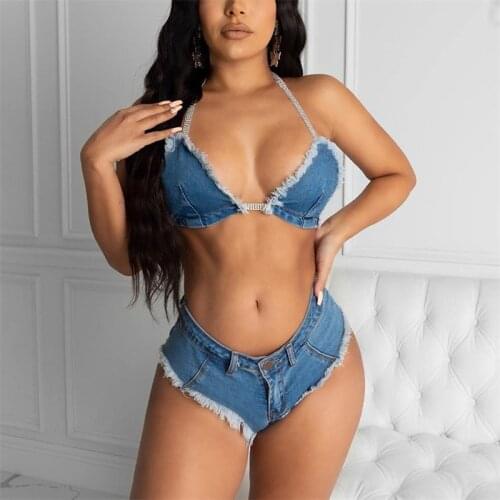 CHRONSTYLE Sexy Jean Summer 2 Piece Denim Off Shoulder Bra Crop Tops Biker Shorts Outfits Women Summer Clubwear Tracksuits 2021