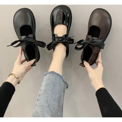 Cute Bowknot Japanese Lolita Leather Shoe For Girls Woman Mary Jane Flat Shoes JK Style Anime Matte Black Brown