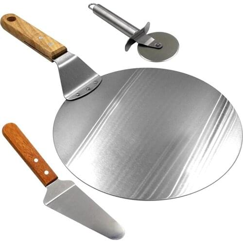 SHGO HOT-Stainless Steel Pizza Peel, 10 Inch Round Metal Pizza Peel with Wood Handle and Pizza Cutter Wheel & Pizza Shovel for S