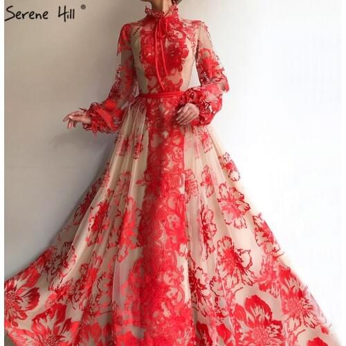 Red High Collar Beach Tulle Evening Dresses 2021 Long Sleeves Handmade Flowers Evening Gowns Serene Hill LA60760