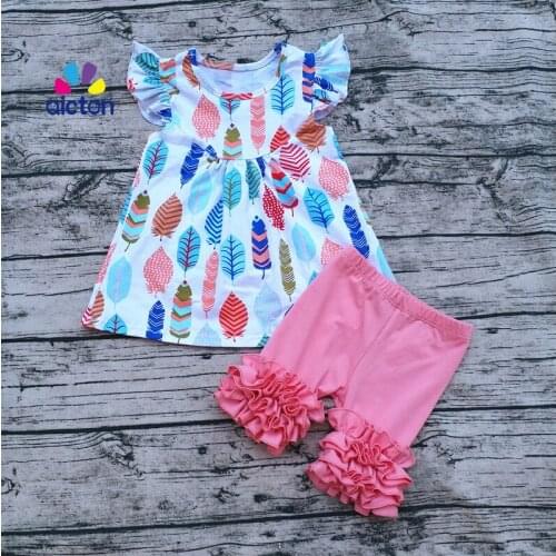Hot Sale Baby print pearl dress Boutique Clothing Kids Feather Print Pearl Dresses with Cotton Icing Shorts Outfits Sets