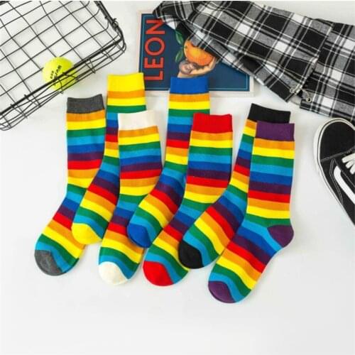 Funny Cute Japanese Girls Cotton Loose Colorful Striped Printed Crew Happy Socks Women Candy Color Harajuku Calcetines Mujer