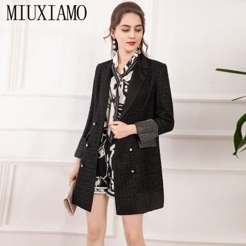 MIUXIMAO 2021S Pring Fall Beading Patchwork Office Casual Fashion Long-Sleeved Retro Elegant Lapel Black Jacket Vestidos Women