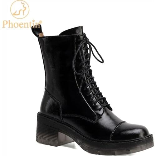 Phoentin transparent heel martin boots womens leather ankle boots lace up side zipper heels women platform black 2020 FT1036