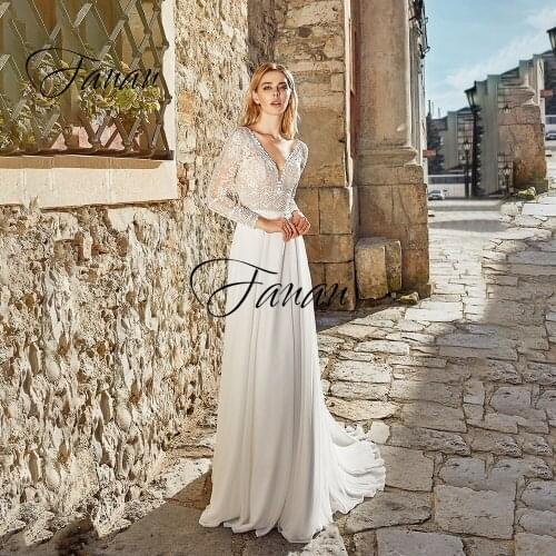 V-Neck Long Sleeve Backless Chiffon Wedding Dresses Lace Appliques See-Through Bridal Gown Свадебное платье vestido de noiva