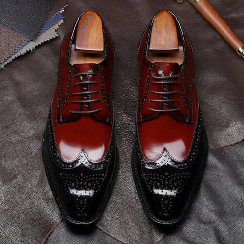 Red Mens Formal Shoes Genuine Leather Oxford Shoes For Men Dressing Wedding Mens Brogues Office Shoes Lace Up Male Zapatos