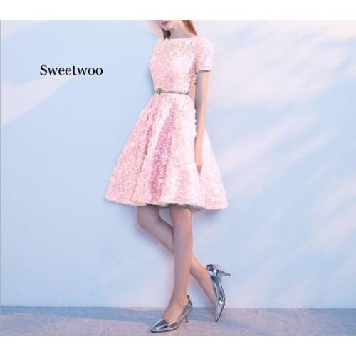 Party dress Vestido de O neck party lace flowers sashes cap sleeves short style