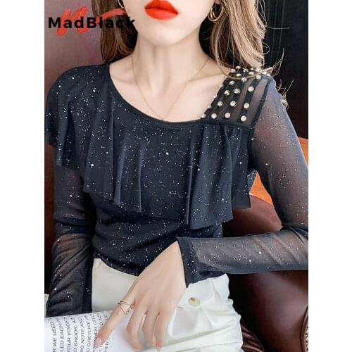Spring Fall European Clothes T-Shirt Thin Fashion Sexy Skew Neck Ruffles Shiny Rivet Women Tops Long Sleeve Tees 2021 T19306A