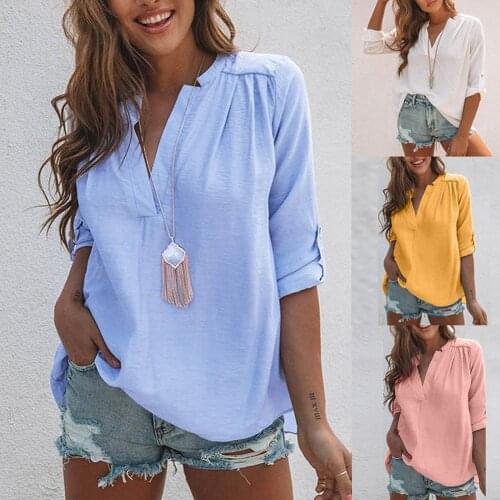 Women Fashion Solid Color Long Sleeve Pleated Back Slitting Hem Shirt Blouse