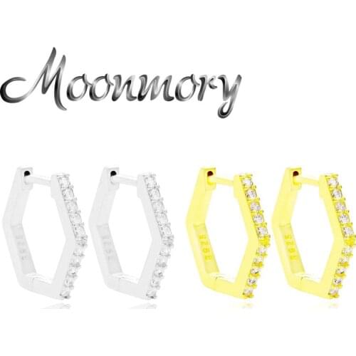Moonmory 925 Sterling Silver Geometric Full Zircon Hexagon Hoop Huggies Earrings For Women Punk Crystal Female Earring Jewelry