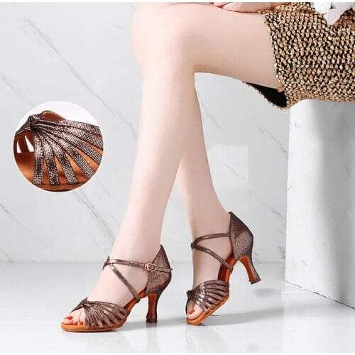 USHINE New Womens Seven-point Knotted Black Skins Flashing Gold Multicolor Professional High Heel Latin Dance Shoes
