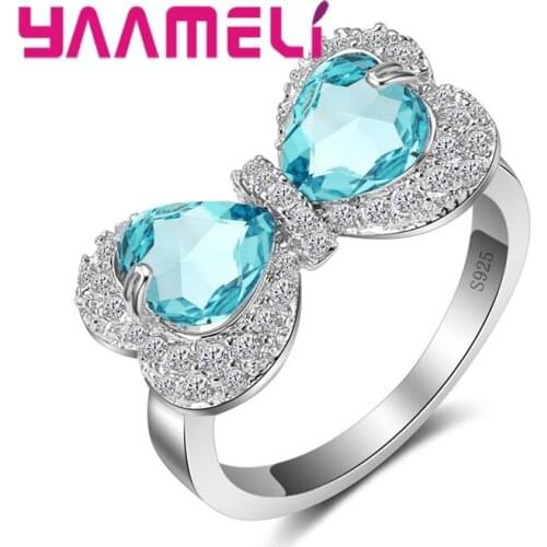 Lovely Bow Tie Aqua Blue Clear Cubic Zirconia Women Girls Party Jewelry 925 Sterling Silver Ring High Quality