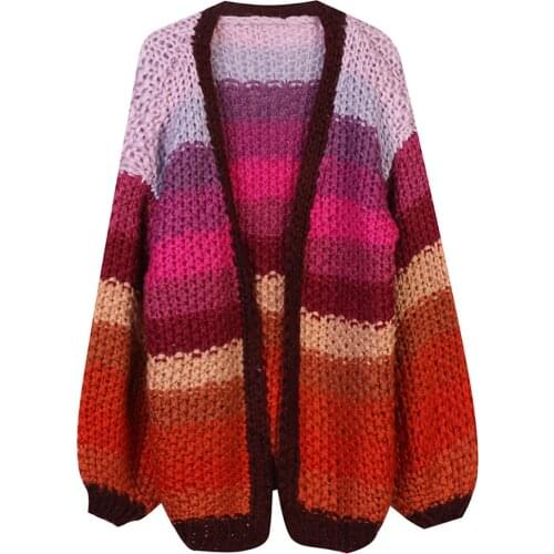 Autumn And Winter 2021 New Womens Oversized V-Neck Long Sleeve Contrast Stripe Hook Flower Retro Knitted Warm Cardigan