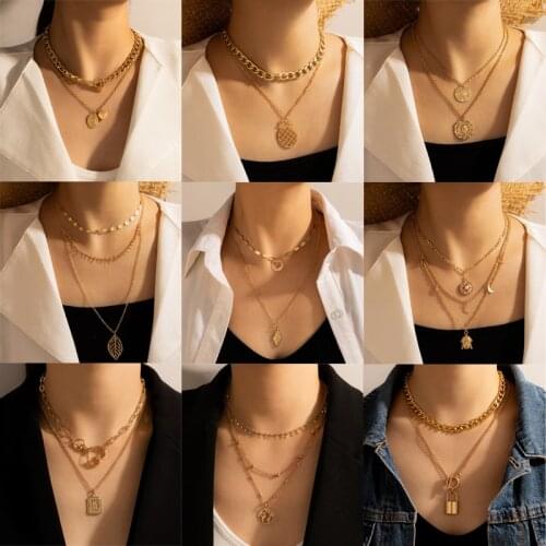 Tocona Bohemian Lock Pendant Necklace for Women Charms Heart Star Pineapple Geometric Alloy Metal Multilayer Tassel Jewelry