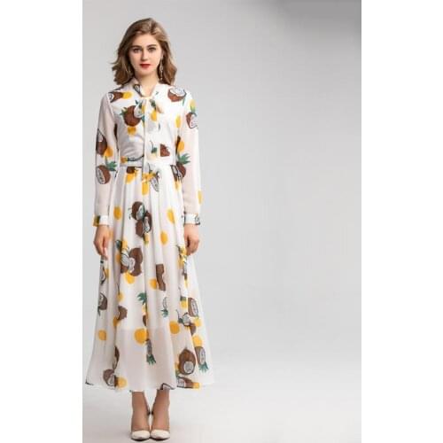 2021 Spring summer women high quality bowtie chiffon Fashion print long sleeve elegant dress B270