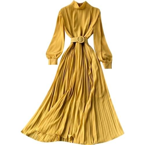 New Summer Women Stand Collar Lantern Long Sleeve Belt Slim Long Dress Fashion Solid Color Pleated Hem Chiffon Dress