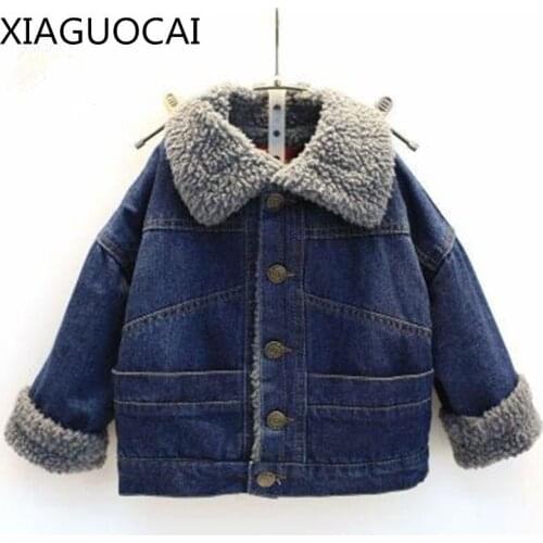 2019 Winter Baby Girls cowboy jacket coat plush Thicker warm Cashmere Turn-down collar Outerwear Kids children clothes A55 27