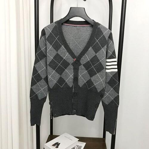 2021 Fashion TB Brand Sweaters Women Loose V-Neck Cardigans Clothing Argyle Striped Cotton Spring and Autumn Casual Coat