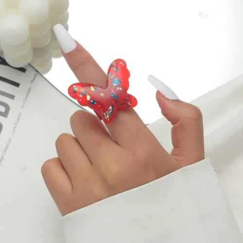 2021 New Trendy Colorful Resin Transparent Rhinestone Geometric Butterfly Acrylic Rings for Women Girls Vacation Party Jewelry
