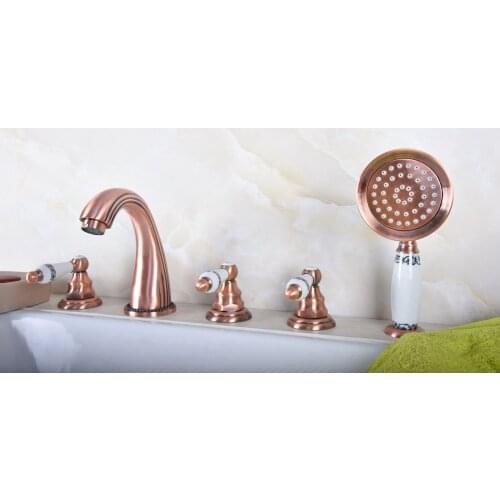 Antique Red Copper Brass Widespread 5 Hole Bathroom Roman Tub Bath Faucet with Telephone Style Hand Held Shower Head atf187