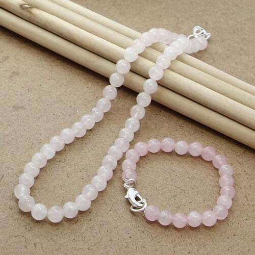 New Style Pink Agate 8mm Beaded Chain 925 Silver Buckle Necklace Bracelet Set For Female Wedding Engagement Jewelry