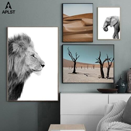 Black & White Lion Elephant Poster Nordic Desert Dead Tree Canvas Painting Prints Animal Wall Art Picture Home Living Room Decor