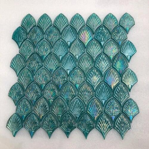 Fish Scale Aqua Blue Glazed Glass Mosaic Tiles, Kitchen backsplash bathroom wall tile Mediterranean floor tile, 13.5 pcs