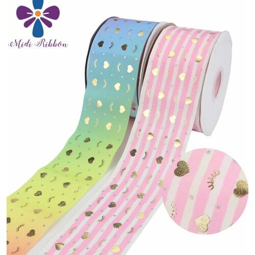 3 "75mm Valentines Day Gold Heart Print Gradient / Stripe Holographic Grosgrain Ribbon Gift DIY Decoration 50 Yards / Roll
