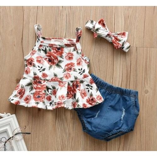 3Pcs Kids Clothing Sets Baby Summer Outfit Floral Spaghetti Straps Vest Elastic Waist Briefs Hairband Suit Girls Costume