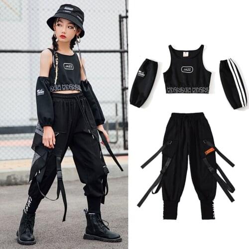 Jazz Dance Costume Girls Cool Style Tops Black Hip Hop Pants Overalls 2021 New Hiphop Performance Clothing Stage Wear DNV14939