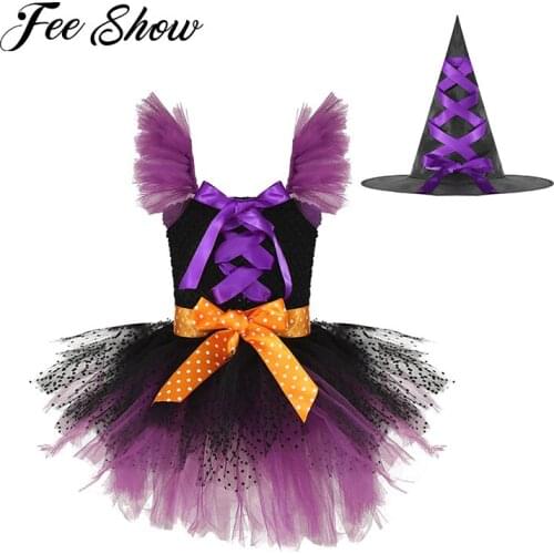 2Pcs Kids Girls Halloween Witch Cosplay Costume Straps Lace Up Stretchy Smocked Ruched Mesh Tutu Belt Dress with Pointed Hat Set