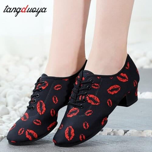 New Latin Dance Shoes Tango Salsa Girls Woman Adult Modern Ballroom Dance Shoes Teacher Shoes 3.5/5cm Red lips Oxford Sneakers