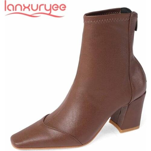 Lanxuryee Chelsea boots microfiber high quality modern square toe thick high heel back zipper beauty lady mature ankle boots L33