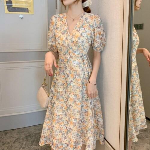 Summer dress new Korean oil painting skirt V-neck chiffon French shredded flower dress slim figure slim long skirt